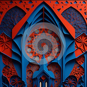 Vermilon fractal. Paper Quiling, Audrey Kawasaki Albert Gleizes. Nortre Dame Cathedral in HCMC . Hyper-realistic. Interdimensional