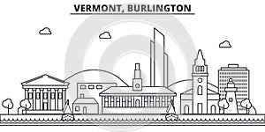 Vermont, Burlington architecture line skyline illustration. Linear vector cityscape with famous landmarks, city sights