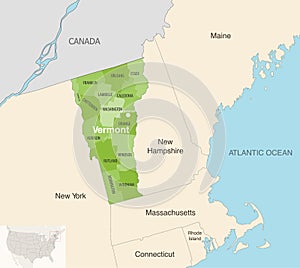 Vermont state counties vector map with neighbouring states and terrotories