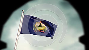 Vermont State Flag Waves on a sky background. 3d render 4k