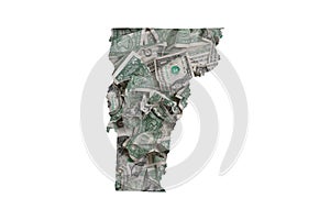 Vermont State Map Outline with Crumpled Dollars, Government Waste of Money Concept