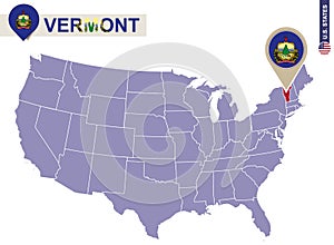 Vermont State on USA Map. Vermont flag and map