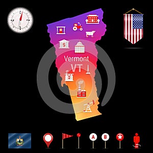 Vermont Vector Map, Night View. Compass Icon, Map Navigation Elements. Pennant Flag of the USA. Industries Icons