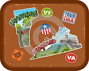 Vermont, Virginia travel stickers with scenic attractions