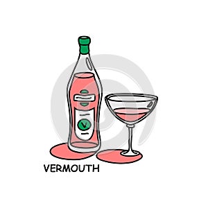 Vermouth beverage. Bottle and glass outline icon on white background. Colored cartoon sketch graphic design. Doodle style. Hand