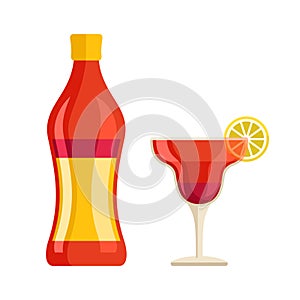 Vermouth bottle and cocktail glass flat style vector illustration