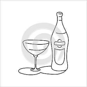 Vermouth bottle and glass outline icon on white background. Black white cartoon sketch graphic design. Doodle style. Hand drawn