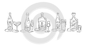 Vermouth, champagne, liquor, beer, rum. Bottle and glass in hand drawn style. Restaurant illustration for celebration design.