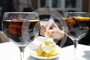 Vermouth and chips, typical appetizer in Catalonia