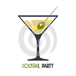 Vermouth cocktail with olive, martini glass with poured martini. Design template for poster or banner for cocktail party