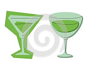 Vermouth glass on white background. Cartoon sketch graphic design. Flat style. Colored hand drawn image. Party drink concept for