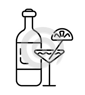 Vermouth, tequila, alcohol icon vector. Bottle of wine, cocktail with lemon are shown. Whiskey, vodka, gin, brandy