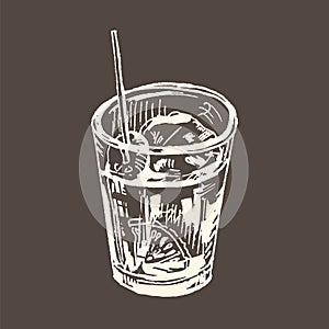 Vermouth, traditional Spanish appetizer. Hand drawn vector illustration. Sketch drawing, white chalk on blackboard