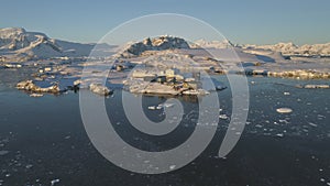 Vernadsky Base, Antarctic landscape. Aerial drone.