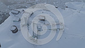 Vernadsky Base, Antarctic landscape. Aerial drone.