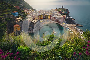 Vernazza view from the flowery garden, Cinque Terre, Italy