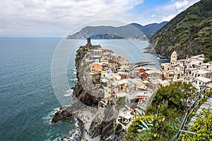 Vernazza village and Cinque Terre coastal area as seen from the Trial Sentiero Azzuro. Liguria, Italy