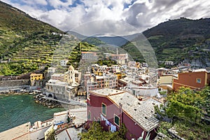 Vernazza village in Cinque Terre coastal area viewed from the castle. Liguria, Italy