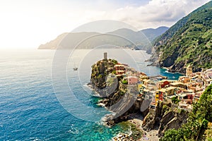 Vernazza - Village of Cinque Terre National Park at Coast of Italy. Beautiful colors at sunset. Province of La Spezia, Liguria, in