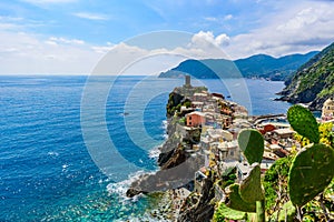 Vernazza - Village of Cinque Terre National Park at Coast of Italy. Beautiful colors at sunset. Province of La Spezia, Liguria, in