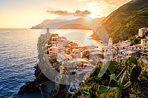 Vernazza - Village of Cinque Terre National Park at Coast of Italy. Beautiful colors at sunset. Province of La Spezia, Liguria, in