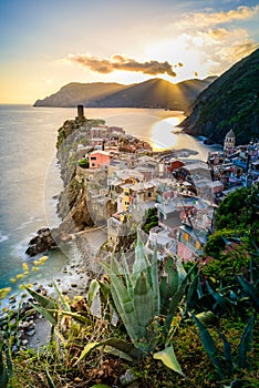 Vernazza - Village of Cinque Terre National Park at Coast of Italy. Beautiful colors at sunset. Province of La Spezia, Liguria, in