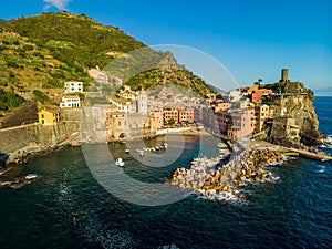 Vernazza - Village of Cinque Terre National Park at Coast of Italy. Province of La Spezia, Liguria, in the north of Italy - Aerial