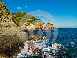 Vernazza - Village of Cinque Terre National Park at Coast of Italy. Province of La Spezia, Liguria, in the north of Italy - Aerial