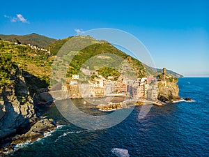 Vernazza - Village of Cinque Terre National Park at Coast of Italy. Province of La Spezia, Liguria, in the north of Italy - Aerial