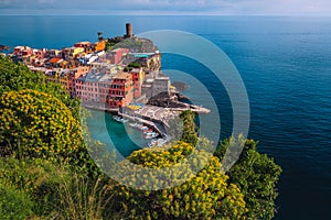 Vernazza village and flowery gardens, Cinque Terre, Italy