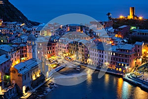 Vernazza village illuminated in the night, Cinque Terre, Liguria, Italy