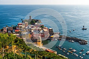 Vernazza village, Italy, with its colorful houses and Ligurian Sea coast.