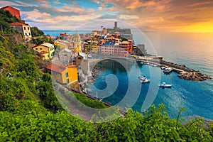 Vernazza village view from the hiking trail, Cinque Terre, Italy