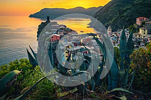 Vernazza village view from the hill at sunset, Liguria, Italy