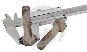 Vernier caliper and screw-bolt on a white