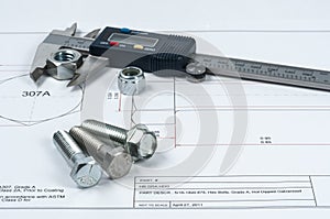 Vernier caliper with screw, nuts and bolts