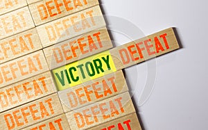 Vernier caliper with word victory vs defeat.Antonym concept