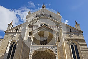 Verona Cathedral facade close up shot over blue sky