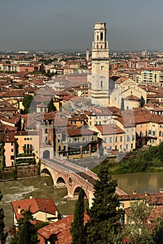 Verona cityscape with ponte pietra bridge and Duomo Cathedral