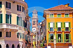 Verona colorful street and Lamberti tower view