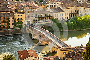 Verona historical city centre, Ponte Pietra bridge across Adige river