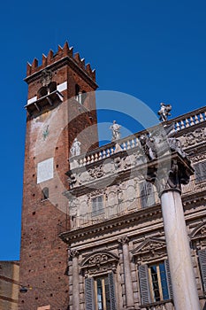 Verona, Italy - 06 May 2018: Verona historic city center - Palazzo Maffei palace and the Venecian Lion statue on the