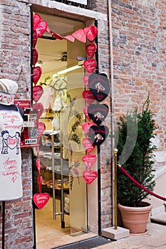 Facade of souvenir shop in center of Verona city.