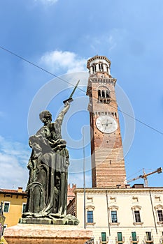 View of Lamberti tower Torre dei Lamberti in sunny day