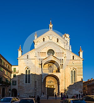 View of the Cathedral of Santa Maria Matricolare also called Duomo in Verona at sunset