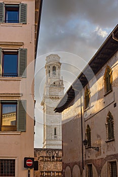 View of the tower of the Cathedral of Santa Maria Matricolare also called Duomo in Verona