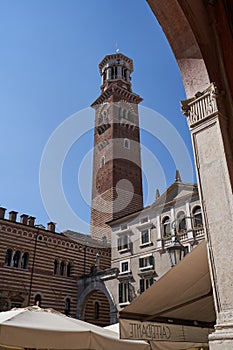 Verona, Italy - July 13, 2022 - Verona historic city center - Piazza dei Signori Square, Dante Alighieri monument