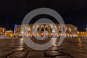 Verona, Italy - July 17, 2021: Night shot of the picturesque town of Verona in Italy