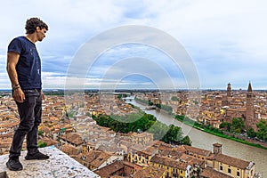 Verona, Italy - July 17, 2021: Panoramic rooftop view of he medieval town of Verona in Italy