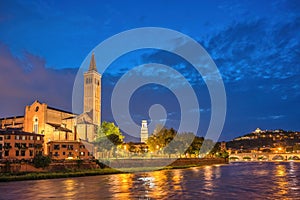 Verona Italy, night city skyline at Adige river